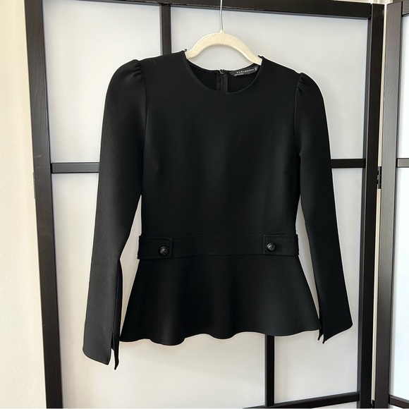 [s] Zara Black High Neck 3/4 Long Sleeve Peplum Blouse Top with Button Detail - Picture 3 of 13